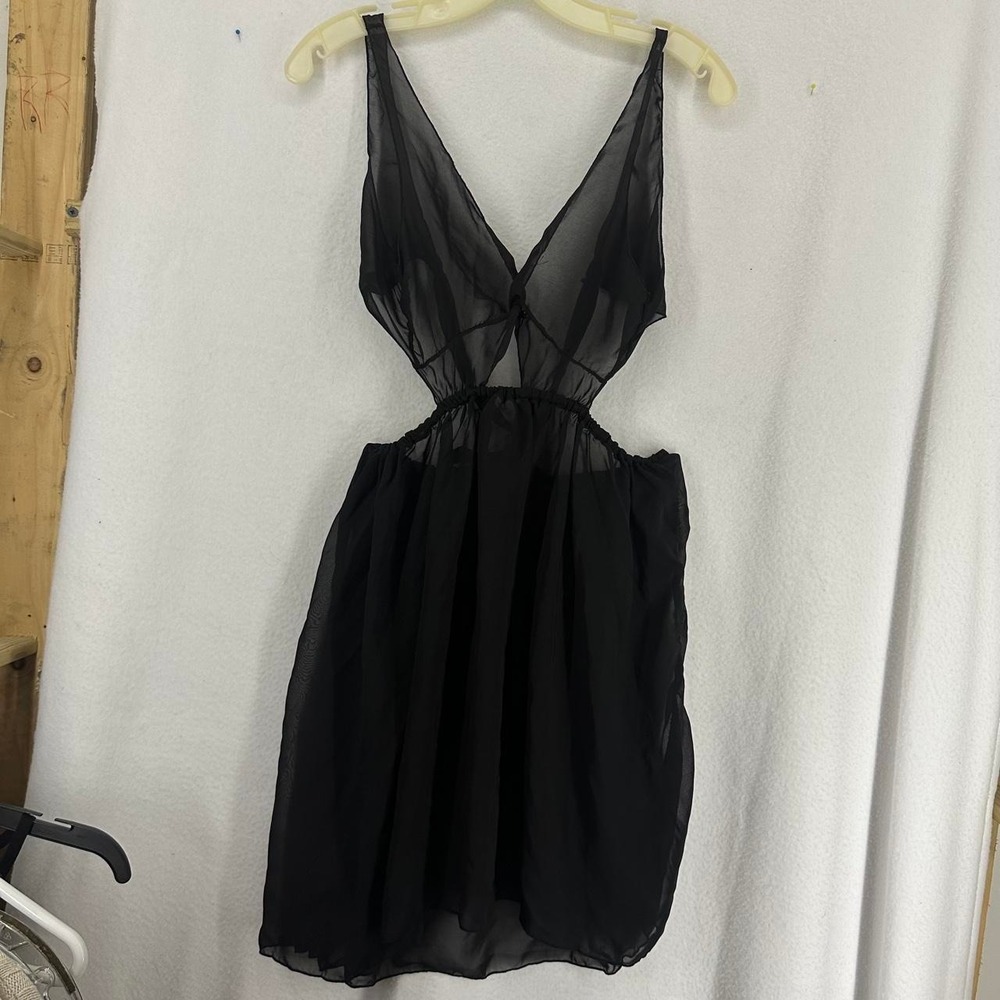 Sheer Chiffon Lingerie Plunge Cutout Babydoll Dress Women's Black